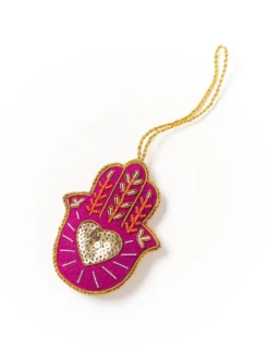 Hamsa Hand Heart Plush Ornament - Larissa Collection, Handcrafted In India