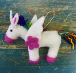 Rainbow Unicorn Hand-Felted Wool Ornament Handcrafted In Nepal