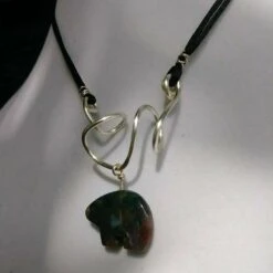 Freeform Silver Wire With Jasper Bear On Satin Cord