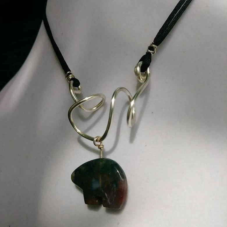 Freeform Silver Wire With Jasper Bear On Satin Cord 3 Freeform Silver Wire With Jasper Bear On Satin Cord